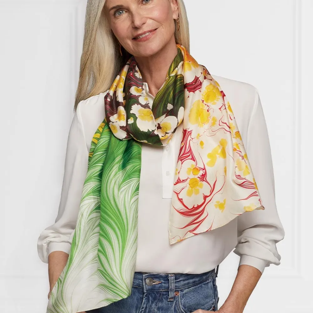 daisy_garden_marbled_paper_oblong_silk_scarf_1.webp Daisy Garden Marbled Paper Oblong Silk Scarf*The Met Store Clearance